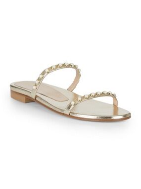 Stuart Weitzman Metallic Gold Pearl-Embellished Slide Sandal Size 8.5